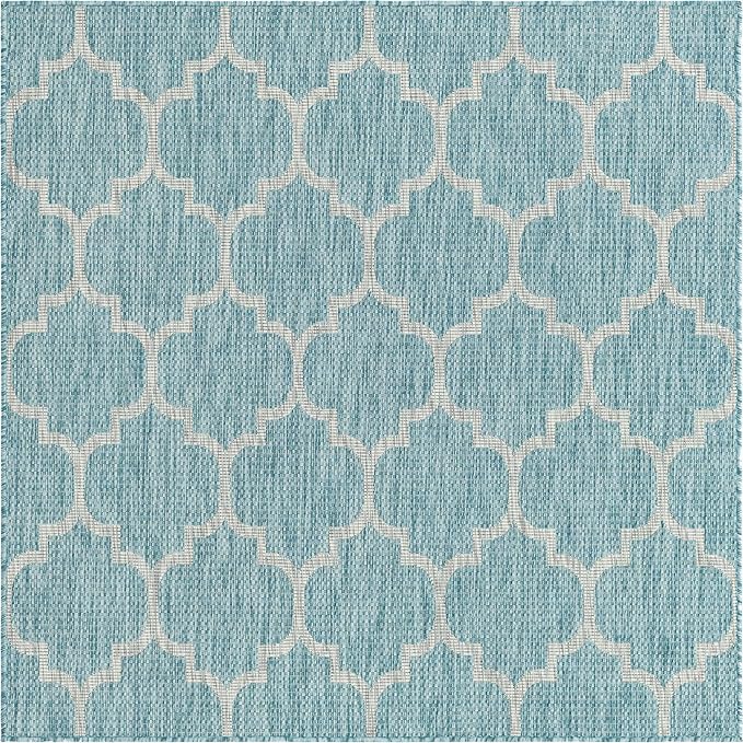 Unique Loom Outdoor Trellis Collection Area Rug (5' 1" Square, Aquamarine/ Gray)