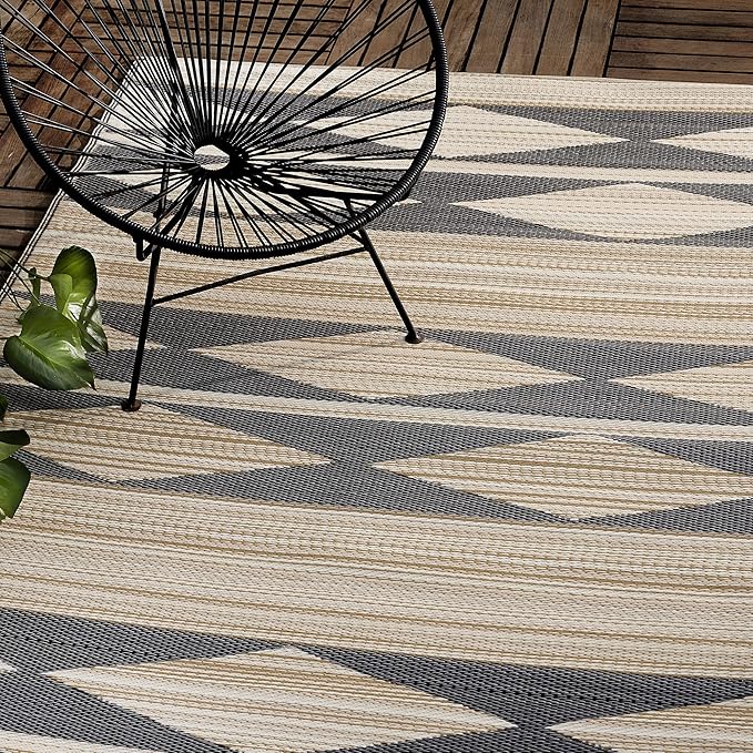 Fab Habitat Outdoor Rug - Waterproof, Fade Resistant, Crease-Free - Premium Recycled Plastic - Neutral Geometric Tribal - Patio, Porch, Deck, Balcony - Cairo - Natural & Black - 5 x 8 ft