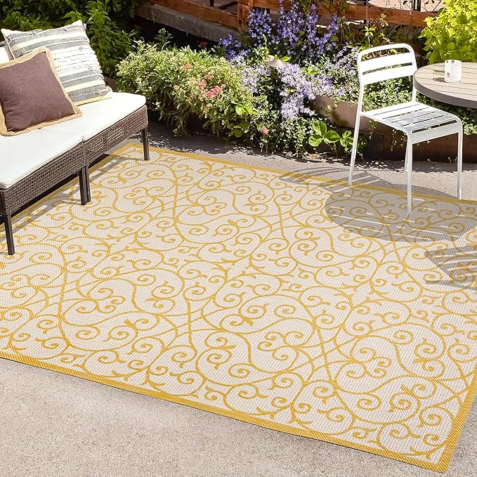 JONATHAN Y Vintage Filigree Indoor Outdoor Area Rug 3X5 Cream/Yellow, Madrid Textured Weave for Backyard, Patio, Porch, Easy-Cleaning, High Traffic, Pet-Friendly, Non-Shedding (SMB107D-3)