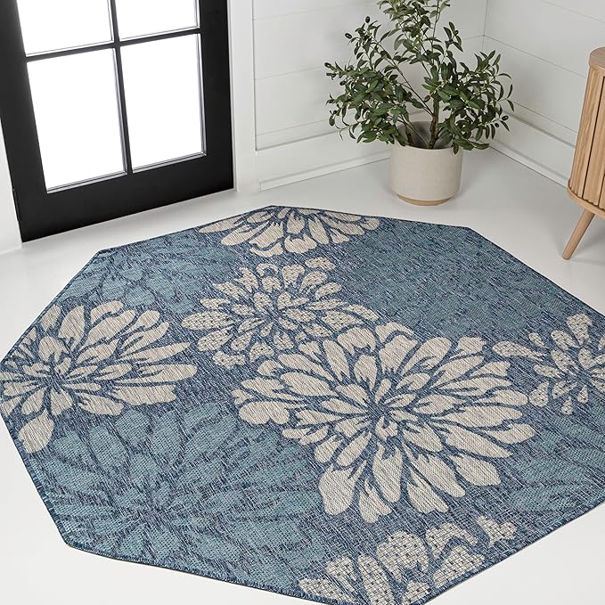 JONATHAN Y Floral Textured Weave Indoor Outdoor Octagon Area Rug 5 Ft Navy/Aqua, Zinnia Modern for Backyard, Patio, Porch, Easy-Cleaning, High Traffic, Pet-Friendly, Non-Shedding (SMB110C-5TGN)