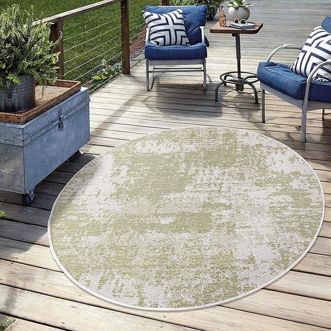 Keen Home Design Terrace Outdoor Area Rug - 63" Round Washable Indoor/Outdoor Rug for Patio, Kitchen, Balcony, Beach, Garden, Deck and Porch, Size: 5'3" Round, Abstract Green