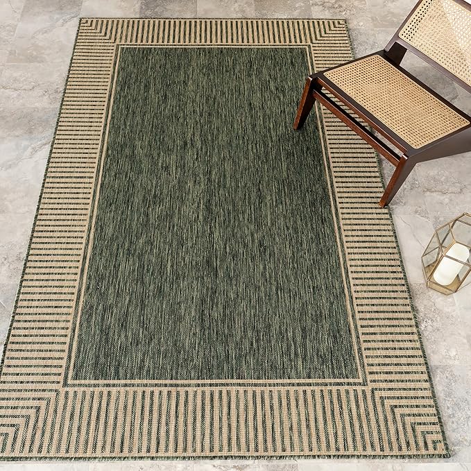 Nuloom Asha Green/Brown, 6'7" x 9', Casual, Striped Border, Soft and Cozy, High Traffic, Stain Resistant, Easy Clean, Durable Area Rug for Indoor/Outdoor Patio, Deck, Porch, Garden, Courtyard
