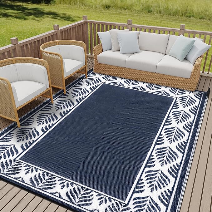 HUGEAR Outdoor Plastic Straw Rug, Waterproof Mat, Washable Large Floor Mat and Rug for Outdoors, RV, Beach, Patio, Camping, Backyard, Deck, Picnic,Indoor Outside (8x10ft,Olive-Leaf/Dark Blue&White)