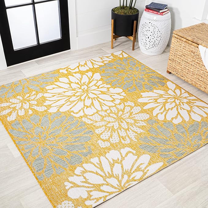 JONATHAN Y Floral Textured Weave Indoor Outdoor Square Area Rug 5X5 Yellow/Cream, Zinnia Modern for Backyard, Patio, Porch, Easy-Cleaning, High Traffic, Pet-Friendly, Non-Shedding (SMB110G-5SQ)