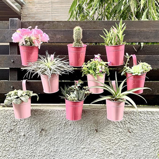 LaLaGreen Railing Planters Outdoor -10 Pack, 4 Inch Metal Hanging Flower Bucket, Small Pink Plant Pot Succulent Indoor Patio Fence Planter Box Balcony Garden Wall Decor Rail Deck Macetas Decorativas