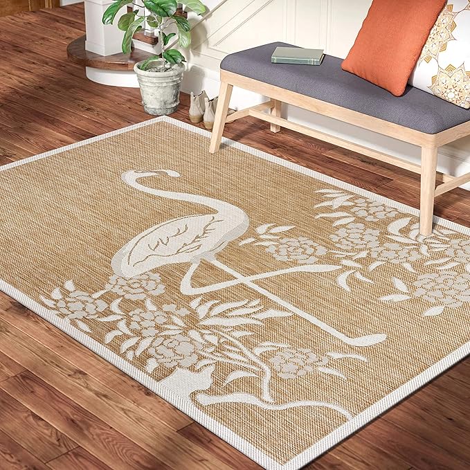 LR Home 8x10 Indoor/Outdoor Area Rug for Home Decor | Tropical Flamingo Large Size Carpet for Living Room, Bedroom, Playroom, Patio, Garden | Modern Farmhouse Rug | Beige/Tan