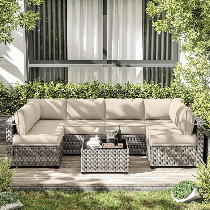 14-Piece Outdoor Cushions for Patio Furniture Thick Outdoor Chair Cushions 5" Foam High-Density Water-Resistant Deep Seat Cushion for 6-Seat Sectional Sets Liner&Cover Cream
