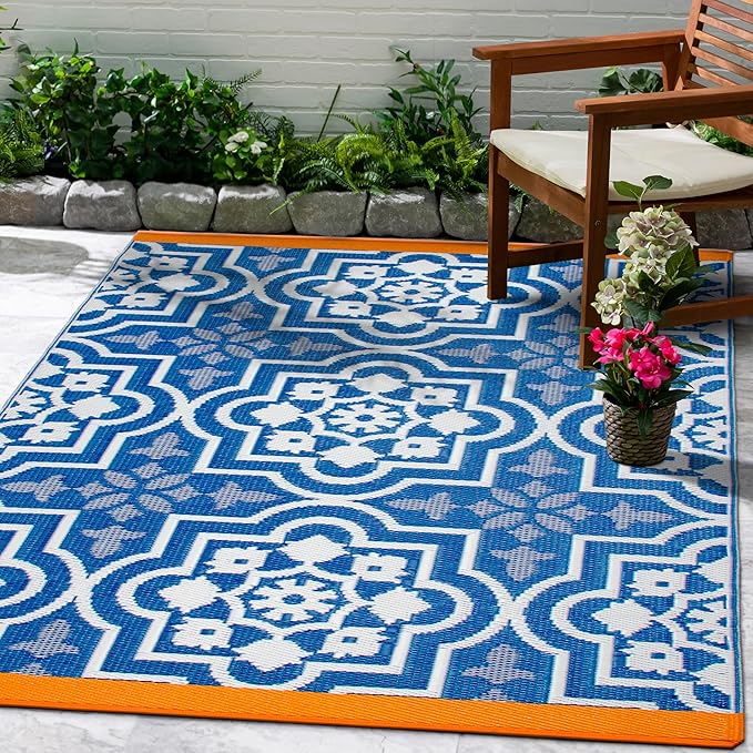 Fab Habitat Outdoor Rug - Waterproof, Fade Resistant, Crease-Free - Premium Recycled Plastic - Spanish Tile Farmhouse - Patio, Deck, Porch, Balcony, Laundry Room - Puebla - Blue - 4 x 6 ft