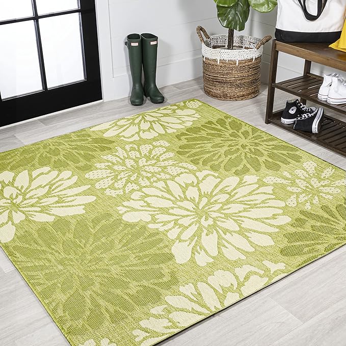 JONATHAN Y Floral Textured Weave Indoor Outdoor Square Area Rug 5X5 Green/Cream, Zinnia Modern for Backyard, Patio, Porch, Easy-Cleaning, High Traffic, Pet-Friendly, Non-Shedding (SMB110H-5SQ)