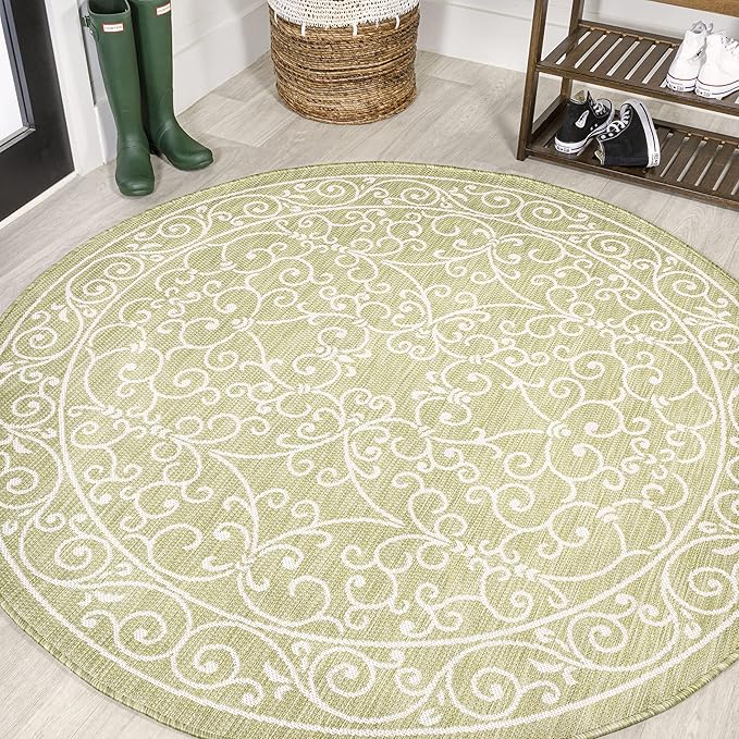 JONATHAN Y Vintage Filigree Indoor Outdoor Round Area Rug 5 Ft Green/Cream, Charleston Textured Weave for Backyard, Patio, Porch, Easy-Cleaning, High Traffic, Pet-Friendly, Non-Shedding (SMB106H-5R)