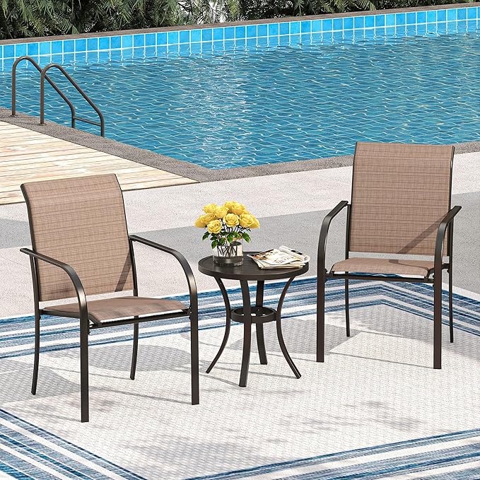 VICLLAX Patio Stackable Dining Chairs Set for 2, Outdoor Sling Chairs with Metal Frame for Front Porch Balcony Backyard Garden and Deck, Brown