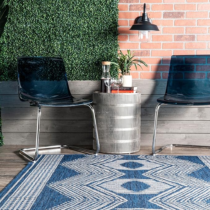 nuLOOM 4' x 6' Outdoor Tribal Geometric Area Rug, Stain Resistant, Weather Resistant, High Traffic, Patio, Balcony, Outside, Ranya Blue