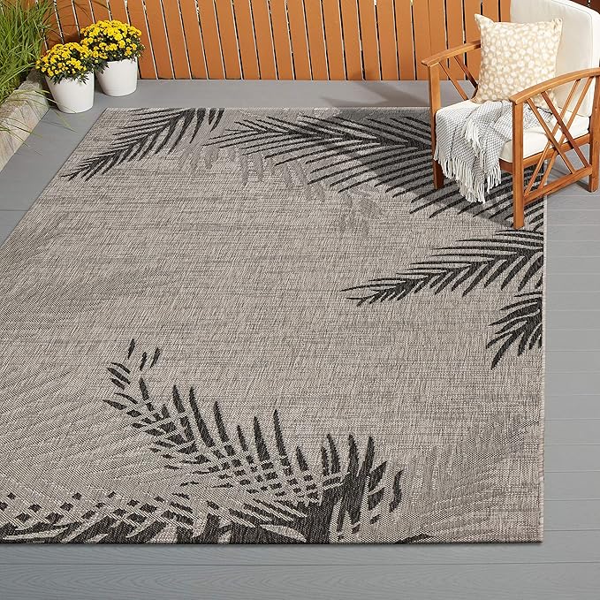 LR Home 8x10 Indoor/Outdoor Area Rug for Home Decor Coastal Palm Leaf Large Size Carpet for Living Room, Bedroom, Playroom, Patio, Garden Modern Farmhouse Rug Black/Gray