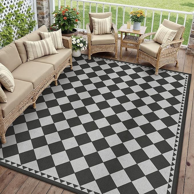 HUGEAR 9x12 Outdoor Rug Black/Grey Linen-Look Fabric Checkered Area Rug High Traffic Stain Resistant Easy Clean Durable Rugs for Indoor/Outdoor Patio Deck Balcony Porch Garden Courtyard