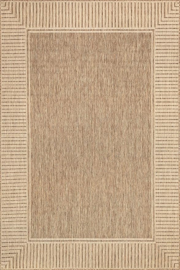 Nuloom Asha Light Brown/Ivory, 4' Square, Casual, Striped Border, Soft and Cozy, High Traffic, Stain Resistant, Easy Clean, Durable Area Rug for Indoor/Outdoor Patio, Deck, Porch, Garden, Courtyard