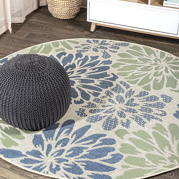 JONATHAN Y Floral Textured Weave Indoor Outdoor Round Area Rug 9 Ft Navy/Green, Zinnia Modern for Backyard, Patio, Porch, Easy-Cleaning, High Traffic, Pet-Friendly, Non-Shedding (SMB110B-9R)
