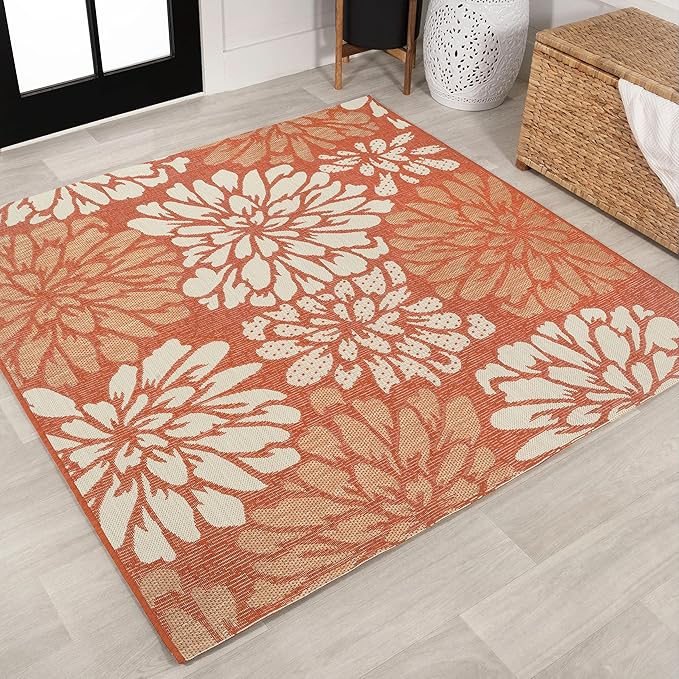 JONATHAN Y Floral Textured Weave Indoor Outdoor Square Area Rug 5X5 Orange/Cream, Zinnia Modern for Backyard, Patio, Porch, Easy-Cleaning, High Traffic, Pet-Friendly, Non-Shedding (SMB110E-5SQ)