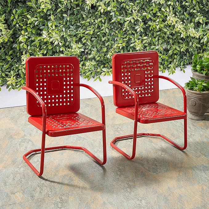 Crosley Furniture Bates 2-Piece Outdoor Chair Set, Retro Metal Patio Chairs for Dining, Porch, Deck, Balcony, Bright Red Gloss