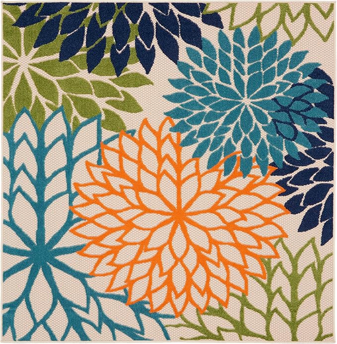 Nourison Home Aloha Indoor/Outdoor Multicolor 5'3" x 5'3"Square Area Rug, Tropical, Botanical, Easy Cleaning, Non Shedding, Bed Room, Living Room, Dining Room, Deck, Backyard, Patio (5 Square)