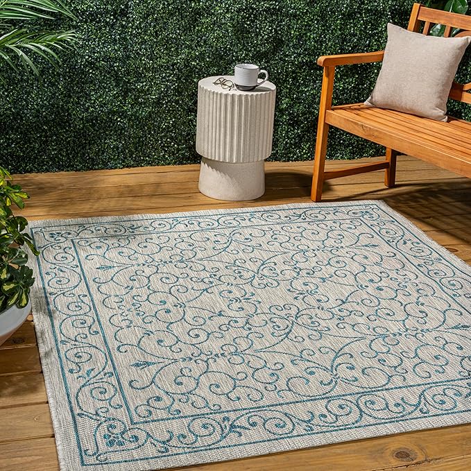 JONATHAN Y Vintage Filigree Indoor Outdoor Square Area Rug 8X8 Gray/Teal, Charleston Textured Weave for Backyard, Patio, Porch, Easy-Cleaning, High Traffic, Pet-Friendly, Non-Shedding (SMB106E-8SQ)