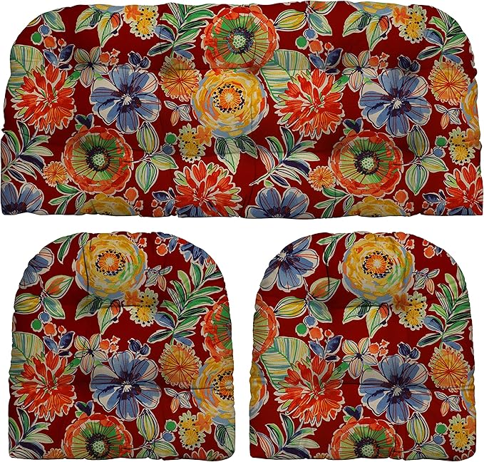 RSH DECOR: 3-Piece Wicker Tufted Cushion Set | for Large Wicker Sets | Outdoor Loveseat & U-Shaped Seat Cushions | Water & Fade-Resistant Spun Fabric | Colsen Berry
