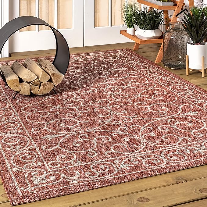 JONATHAN Y Vintage Filigree Indoor Outdoor Area Rug 8X10 Red/Beige, Charleston Textured Weave for Backyard, Patio, Porch, Easy-Cleaning, High Traffic, Pet-Friendly, Non-Shedding (SMB106B-8)