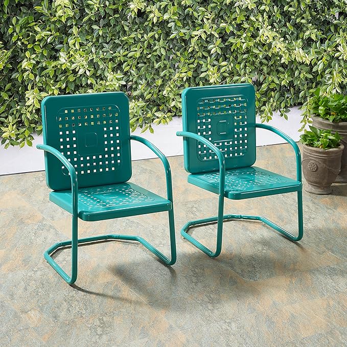 Crosley Furniture Bates 2-Piece Outdoor Chair Set, Retro Metal Patio Chairs for Dining, Porch, Deck, Balcony, Turquoise Gloss
