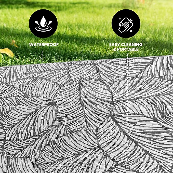 Utopia Home Waterproof Outdoor Rug for Patio 6 x 9 ft, Reversible Plastic Straw Mat for Camping, Picnics, Balcony, Patio, Leaves - GRET & White