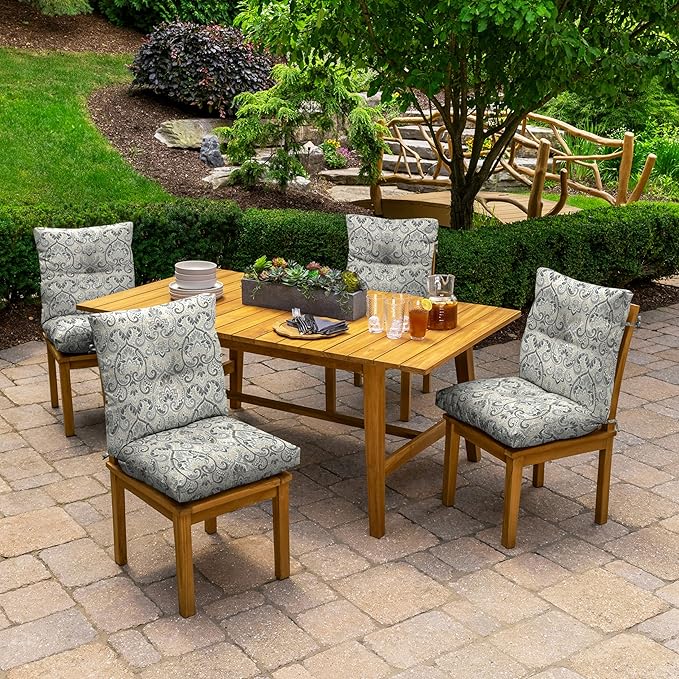 Arden Outdoor Plush Modern Tufted Blowfill Dining Chair Cushion, 21 x 40, Water Repellent, Fade Resistant, Tufted Cushion for Dining and Bistro Chairs, Neutral Aurora Damask
