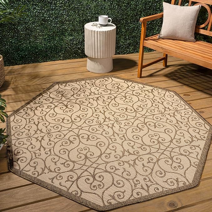 JONATHAN Y Vintage Filigree Indoor Outdoor Octagon Area Rug 5 Ft Beige/Brown, Madrid Textured Weave for Backyard, Patio, Porch, Easy-Cleaning, High Traffic, Pet-Friendly, Non-Shedding (SMB107B-5TGN)