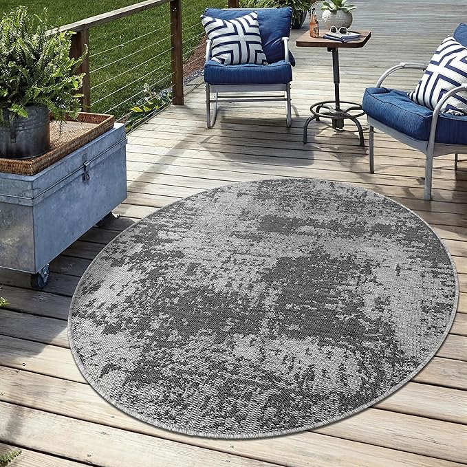 Keen Home Design Terrace Outdoor Area Rug - 63" Round Washable Indoor/Outdoor Rug for Patio, Kitchen, Balcony, Beach, Garden, Deck and Porch, Size: 5'3" Round, Abstract Black