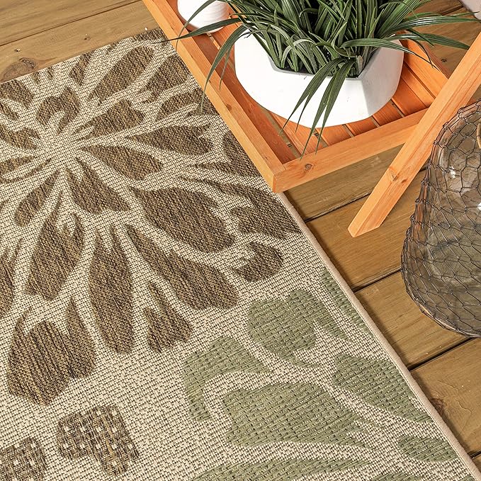 JONATHAN Y Floral Textured Weave Indoor Outdoor Square Area Rug 8X8 Sage/Brown, Zinnia Modern for Backyard, Patio, Porch, Easy-Cleaning, High Traffic, Pet-Friendly, Non-Shedding (SMB110A-8SQ)