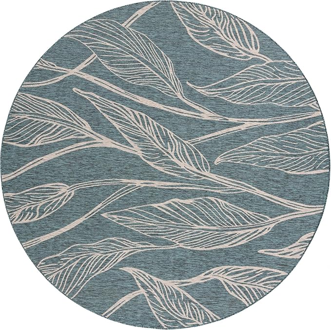 Unique Loom Outdoor Botanical Collection Area Rug - Leaf (10' 8" Round, Teal/ Ivory)