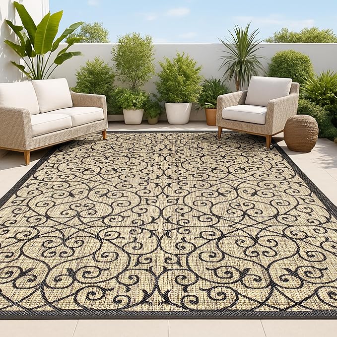 JONATHAN Y Vintage Filigree Indoor Outdoor Area Rug 10X14 Black/Khaki, Madrid Textured Weave for Backyard, Patio, Porch, Easy-Cleaning, High Traffic, Pet-Friendly, Non-Shedding (SMB107A-14)