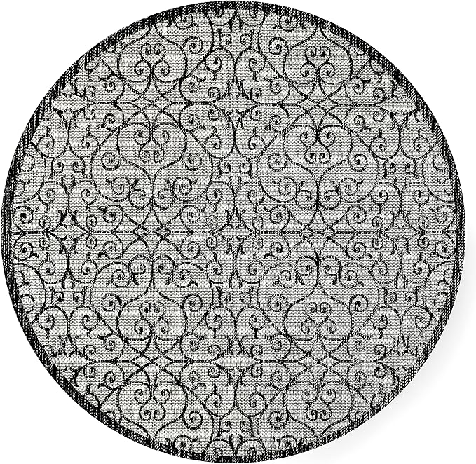 JONATHAN Y Vintage Filigree Indoor Outdoor Round Area Rug 9 Ft Light Gray/Black, Madrid Textured Weave for Backyard, Patio, Porch, Easy-Cleaning, High Traffic, Pet-Friendly, Non-Shedding SMB107E-9R