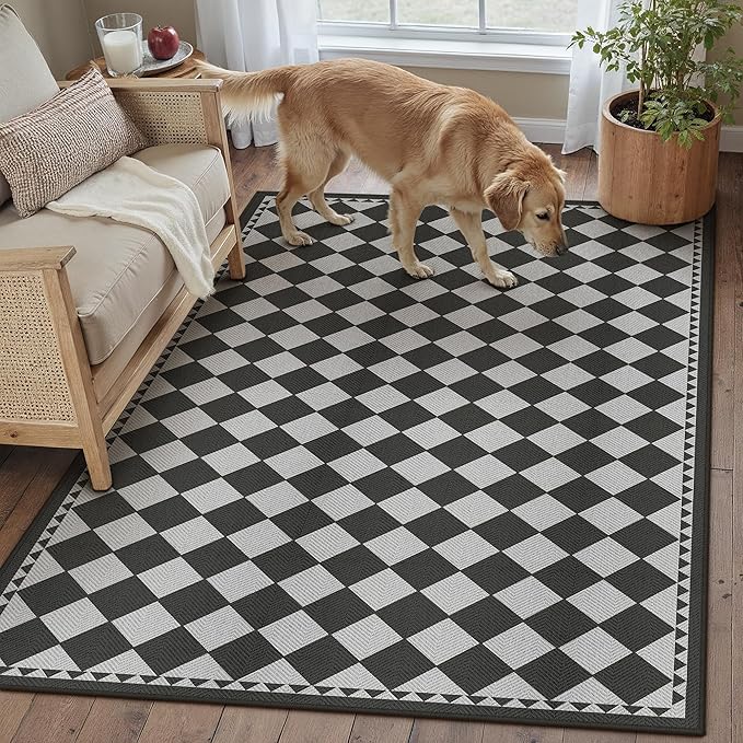 HUGEAR 5x7 Outdoor Rug Black/Grey Linen-Look Fabric Checkered Area Rug High Traffic Stain Resistant Easy Clean Durable Rugs for Indoor/Outdoor Patio Deck Balcony Porch Garden Courtyard