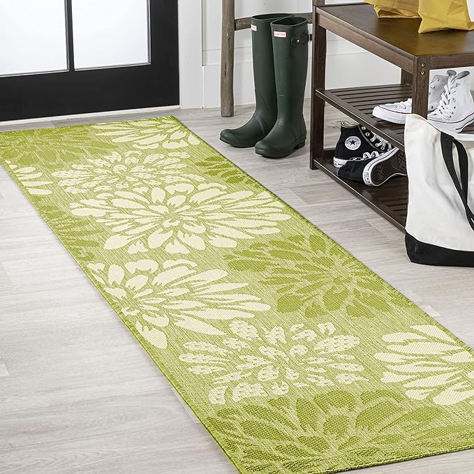 JONATHAN Y Floral Textured Weave Indoor Outdoor Runner Rug 2X8 Green/Cream, Zinnia Modern for Backyard, Patio, Porch, Easy-Cleaning, High Traffic, Pet-Friendly, Non-Shedding (SMB110H-28)