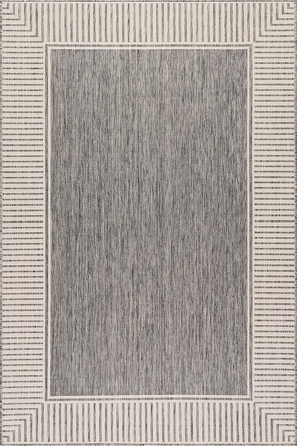 Nuloom Asha Grey/Ivory, 10' x 14', Casual, Striped Border, Soft and Cozy, High Traffic, Stain Resistant, Easy Clean, Durable Area Rug for Indoor/Outdoor Patio, Deck, Porch, Garden, Courtyard