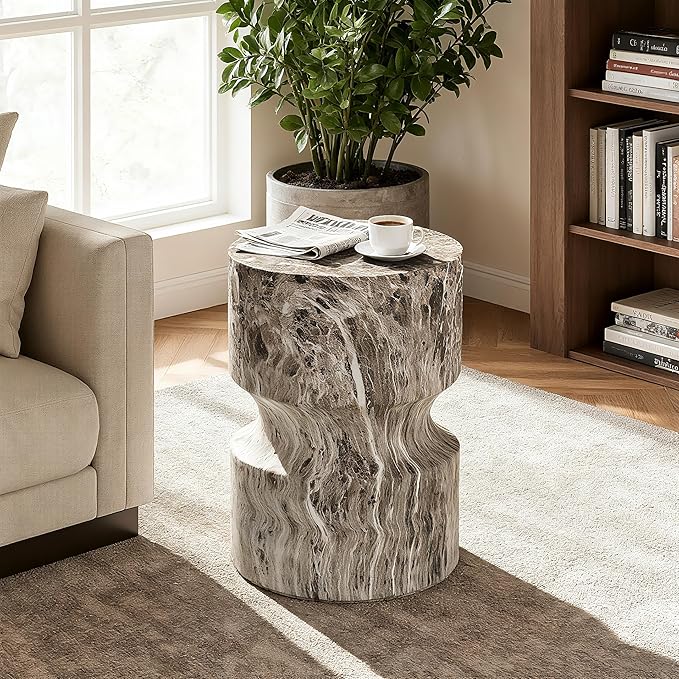 13.39" Cement End Tables for Patio,Modern Small Round Side Faux Terrazzo Accent Table,Tree Stump Garden Stool Drum Indoor and Outdoor,Brown