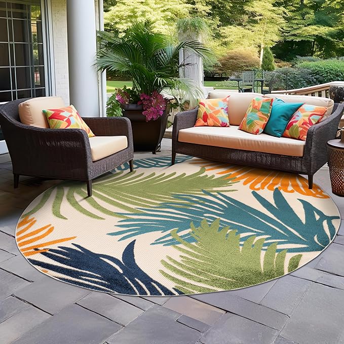 Rugshop Multi Lucca Contemporary Floral Indoor/Outdoor Round Area Rug Durable Polypropylene, Weather Resistant, Easy Maintenance, Perfect for Patio, Backyard, Deck and Outdoor Lounge 8' Round