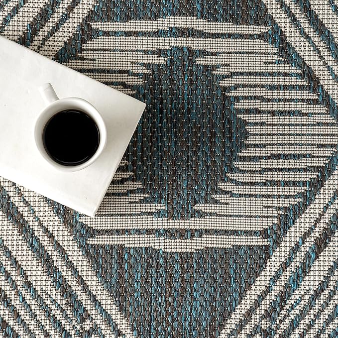 Nuloom Ranya Turquoise/Ivory, 8' x 10', Tribal Geometric, Soft and Cozy, High Traffic, Stain Resistant, Easy Clean, Durable Area Rug for Indoor/Outdoor Patio, Deck, Porch, Garden, Courtyard