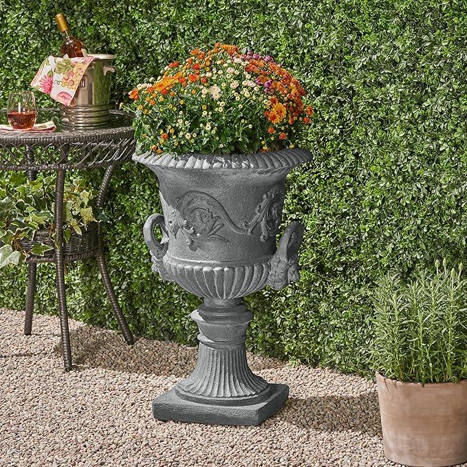 Merax 28-inch MGO Roman Garden Urn Planter, Lightweight Concrete Indoor Outdoor Flower Pot with Drainage Hole & Stopper, Stone-Look Planter for Plants, Flowers, Succulents, and Herbs, Antique Gray
