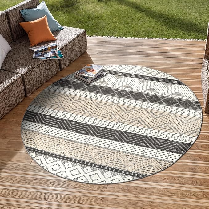 Rugshop Gray Marbella Boho Indoor/Outdoor Round Area Rug, Machine Washable for Patio, Deck and Seating Area 8' Round