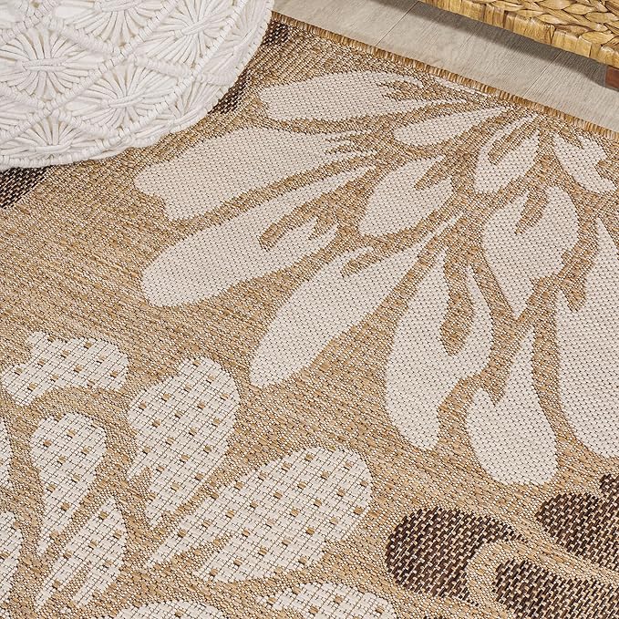 JONATHAN Y Floral Textured Weave Indoor Outdoor Round Area Rug 3 Ft Brown/Cream, Zinnia Modern for Backyard, Patio, Porch, Easy-Cleaning, High Traffic, Pet-Friendly, Non-Shedding (SMB110I-3R)