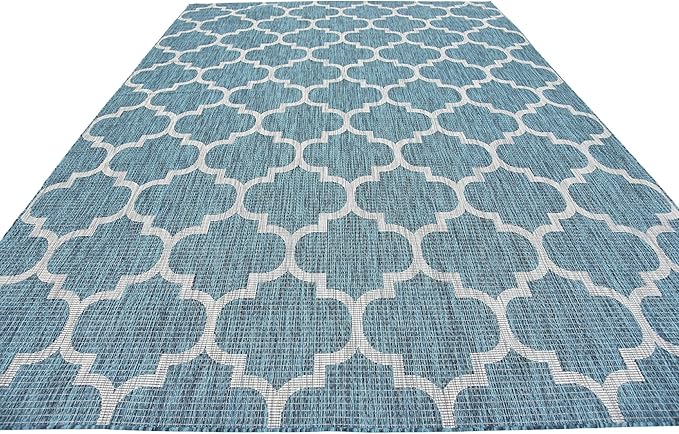 Unique Loom Outdoor Trellis Collection Area Rug (8' x 11' 4" Rectangle, Teal/ Gray)