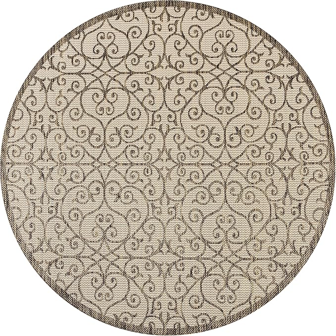 JONATHAN Y Vintage Filigree Indoor Outdoor Round Area Rug 9 Ft Beige/Brown, Madrid Textured Weave for Backyard, Patio, Porch, Easy-Cleaning, High Traffic, Pet-Friendly, Non-Shedding (SMB107B-9R)