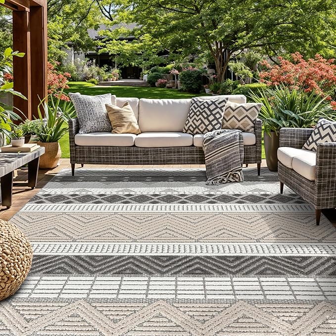Rugshop Gray Marbella Boho Indoor/Outdoor Area Rug, Machine Washable for Backyard, Deck and Outdoor Lounge 9' x 12'