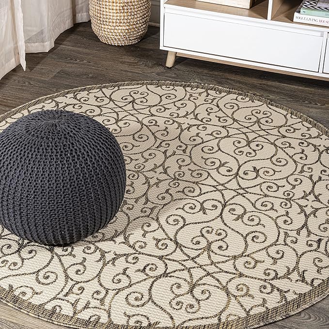 JONATHAN Y Vintage Filigree Indoor Outdoor Round Area Rug 8 Ft Beige/Brown, Madrid Textured Weave for Backyard, Patio, Porch, Easy-Cleaning, High Traffic, Pet-Friendly, Non-Shedding (SMB107B-8R)