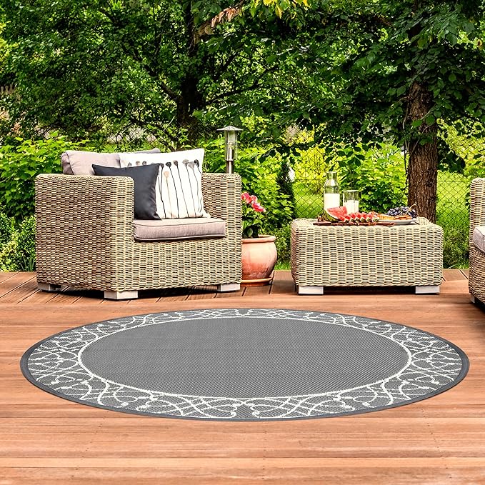 NUU GARDEN 5'x5' Round Outdoor Rug Reversible Patio Rug, Outdoor Plastic Straw Rug, Round Indoor Rugs for Garden, Balcony, Picnic, RV, Gray & Light Beige