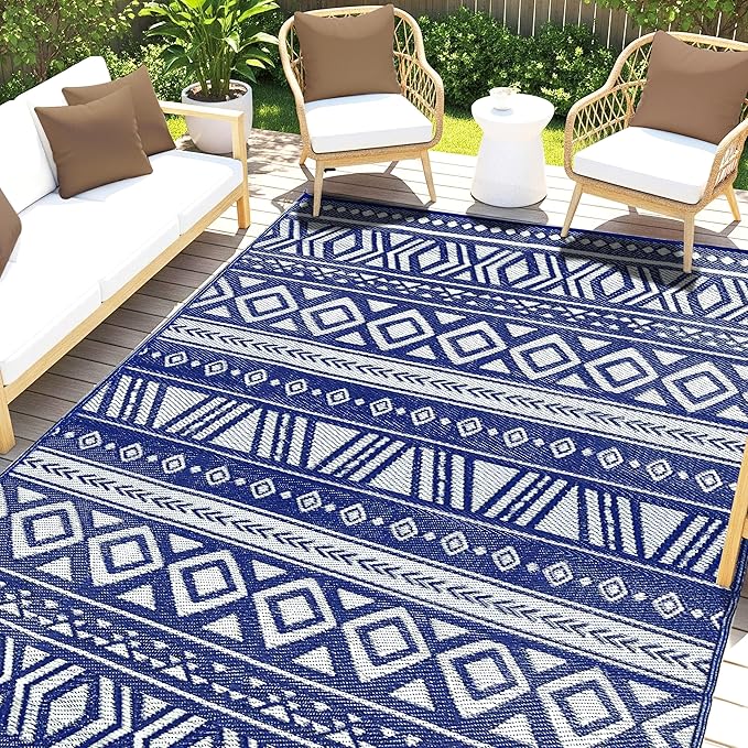 Utopia Home Waterproof Outdoor Rug for Patio 9 x 12 ft, Reversible Plastic Straw Mat for Camping, Picnics, Balcony, Patio, Aztec - Navy & White